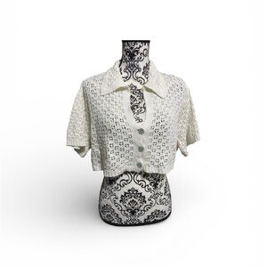Milio Milano White Crochet Short Sleeves Button-Down Sweater Sz-M/L